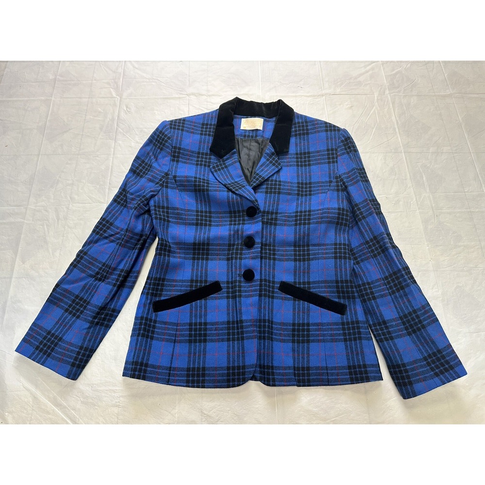 Vintage Pendleton Blue Plaid Wool and velvet blazer Size 10 Made In USA